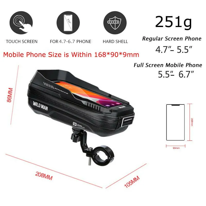 WILD MAN Rainproof Bike Bag Hard Shell Bicycle Phone Holder Case Touch Screen Cycling Bag 6.7 Inch Phone Case Mtb Accessories