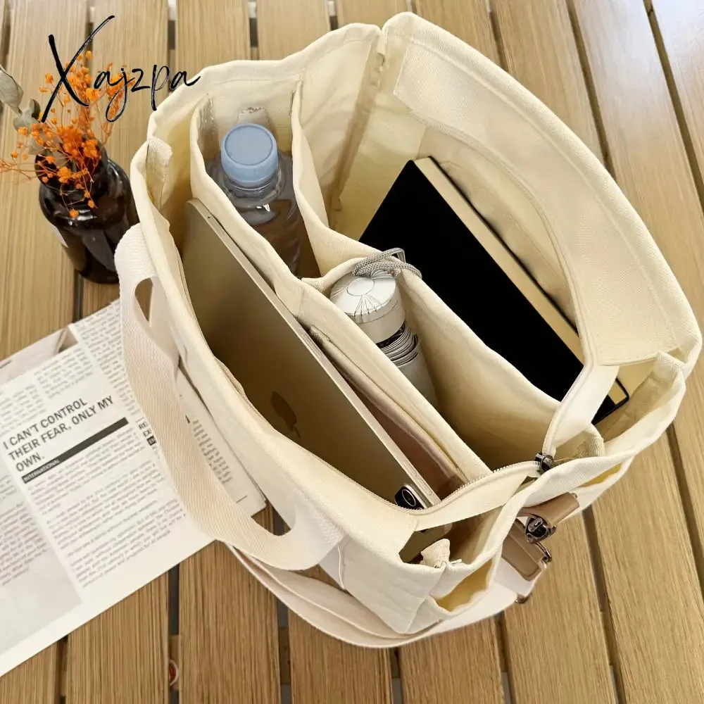 Women's Casual Canvas Crossbody Tote Bag With Multiple Pockets, Adjustable Shoulder Strap, Versatile Handbag For Daily Use