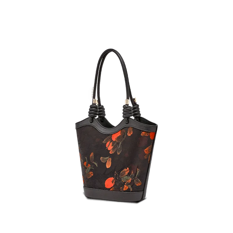 Xiangyunsha Silk Leather Printed Persimmon Shoulder Bag