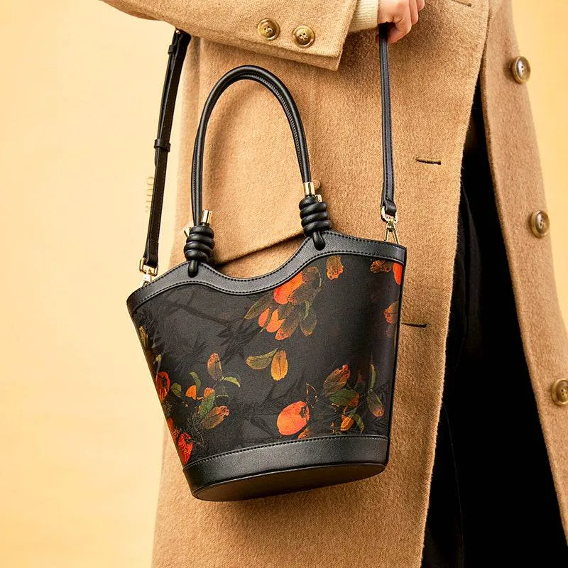 Xiangyunsha Silk Leather Printed Persimmon Shoulder Bag