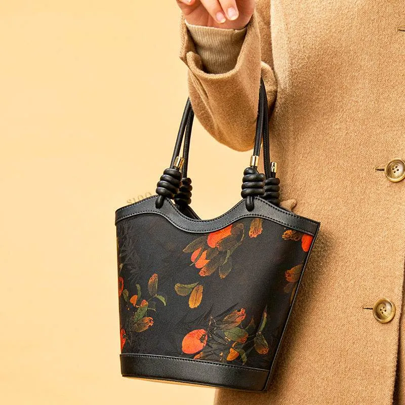 Xiangyunsha Silk Leather Printed Persimmon Shoulder Bag