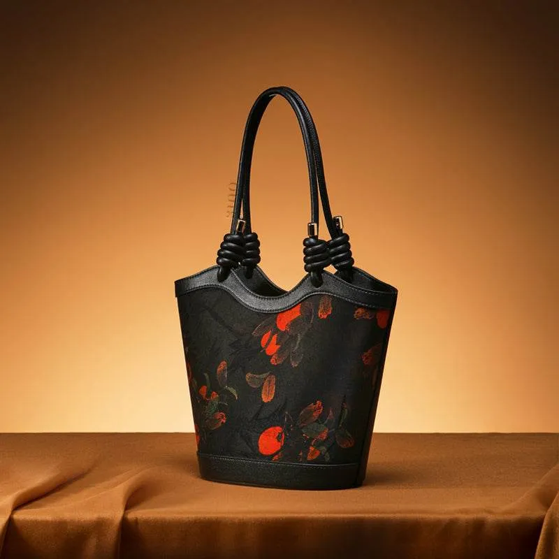 Xiangyunsha Silk Leather Printed Persimmon Shoulder Bag