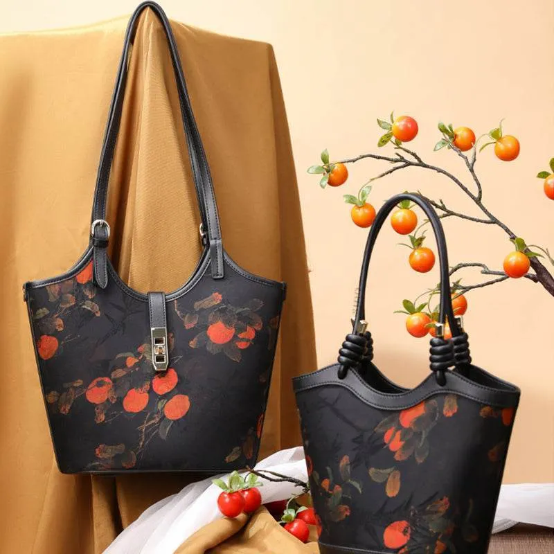 Xiangyunsha Silk Leather Printed Persimmon Shoulder Bag