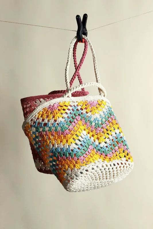 Yellow Handmade Crochet Shoulder Colorful Square Chic Bag