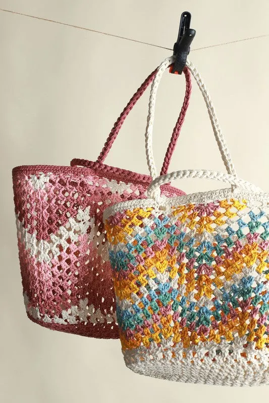 Yellow Handmade Crochet Shoulder Colorful Square Chic Bag