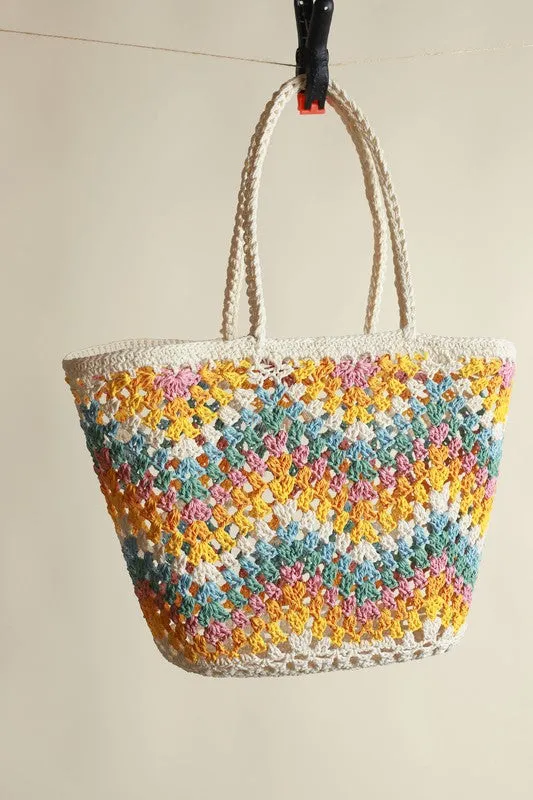 Yellow Handmade Crochet Shoulder Colorful Square Chic Bag