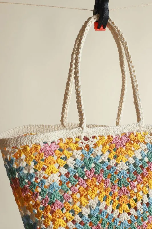 Yellow Handmade Crochet Shoulder Colorful Square Chic Bag