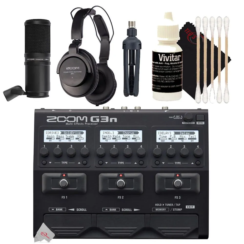 Zoom G3n Multi-Effects Pedal Processor For Electric Guitar   Zoom ZDM-1 Podcast Mic Pack Accessory Bundle   3pc Cleaning Kit